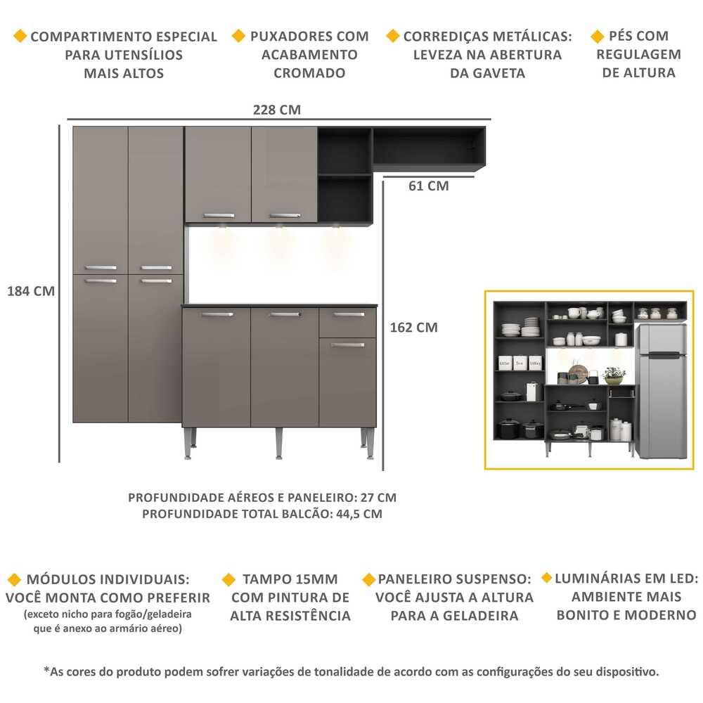 Cozinha Compacta c/ 3 Leds Armário e Balcão com Tampo Pequim Sun Multimóveis Preta/Lacca Fumê