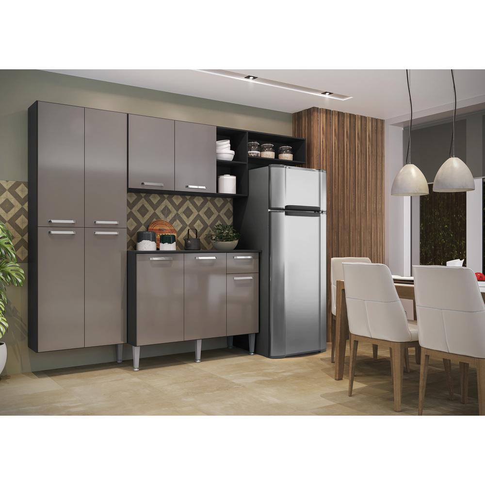 Cozinha Compacta c/ Armário e Balcão com Tampo Pequim Sun Multimóveis Preta/Lacca Fumê