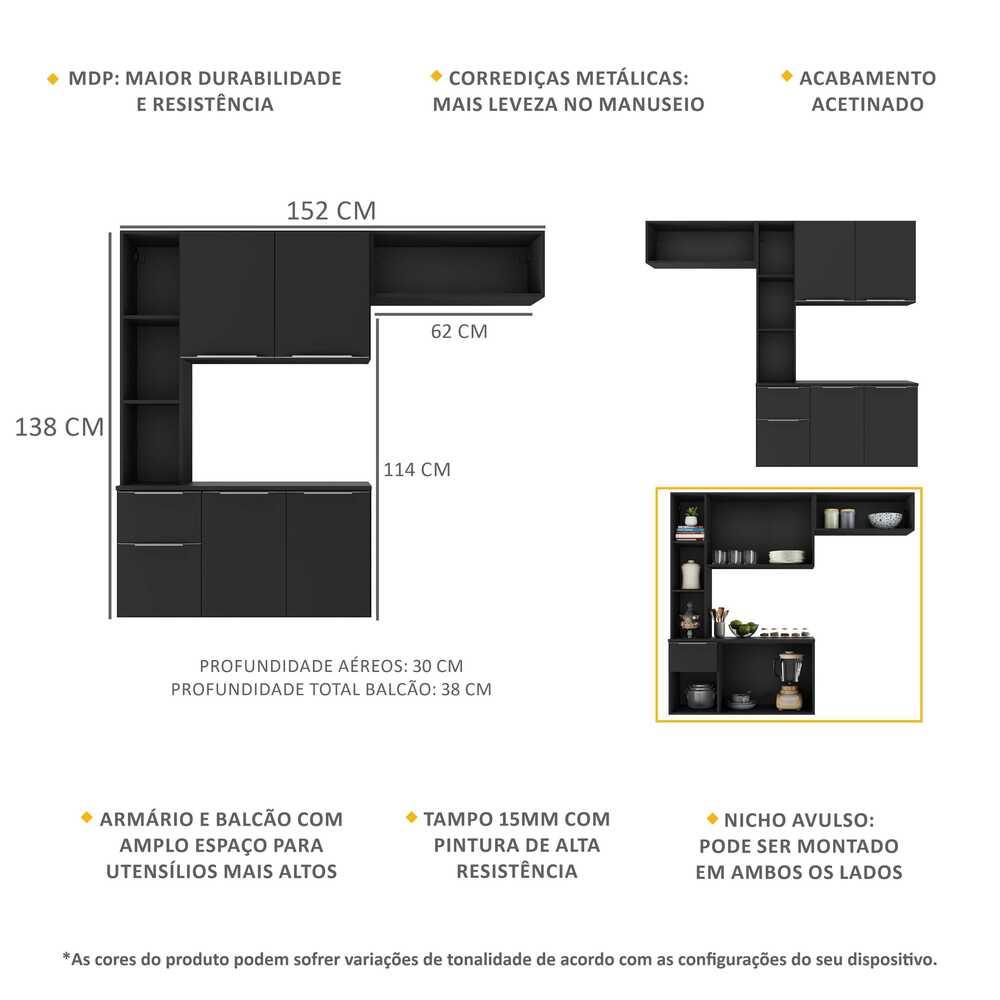 Cozinha Compacta com Armário e Balcão MP2001 Sofia Multimóveis Preta