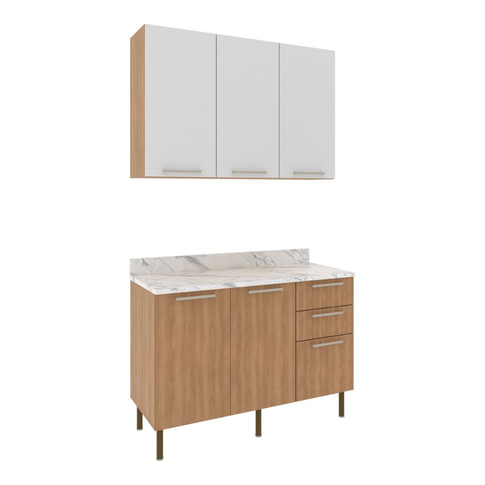 Cozinha Compacta com Armário e Balcão com Tampo 120cm Multimóveis CR20447 Freijó/Branco/Mármore Branco