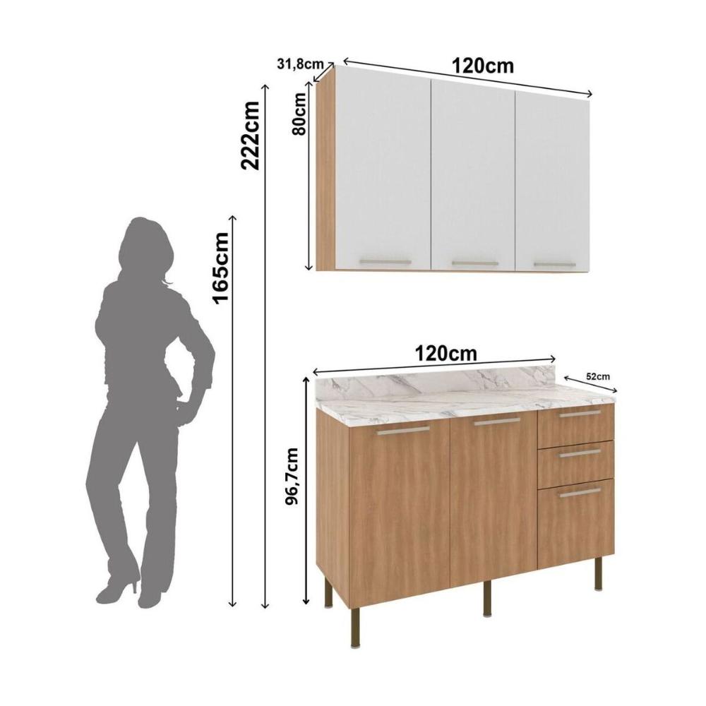 Cozinha Compacta com Armário e Balcão com Tampo 120cm Multimóveis CR20447 Freijó/Branco/Mármore Branco