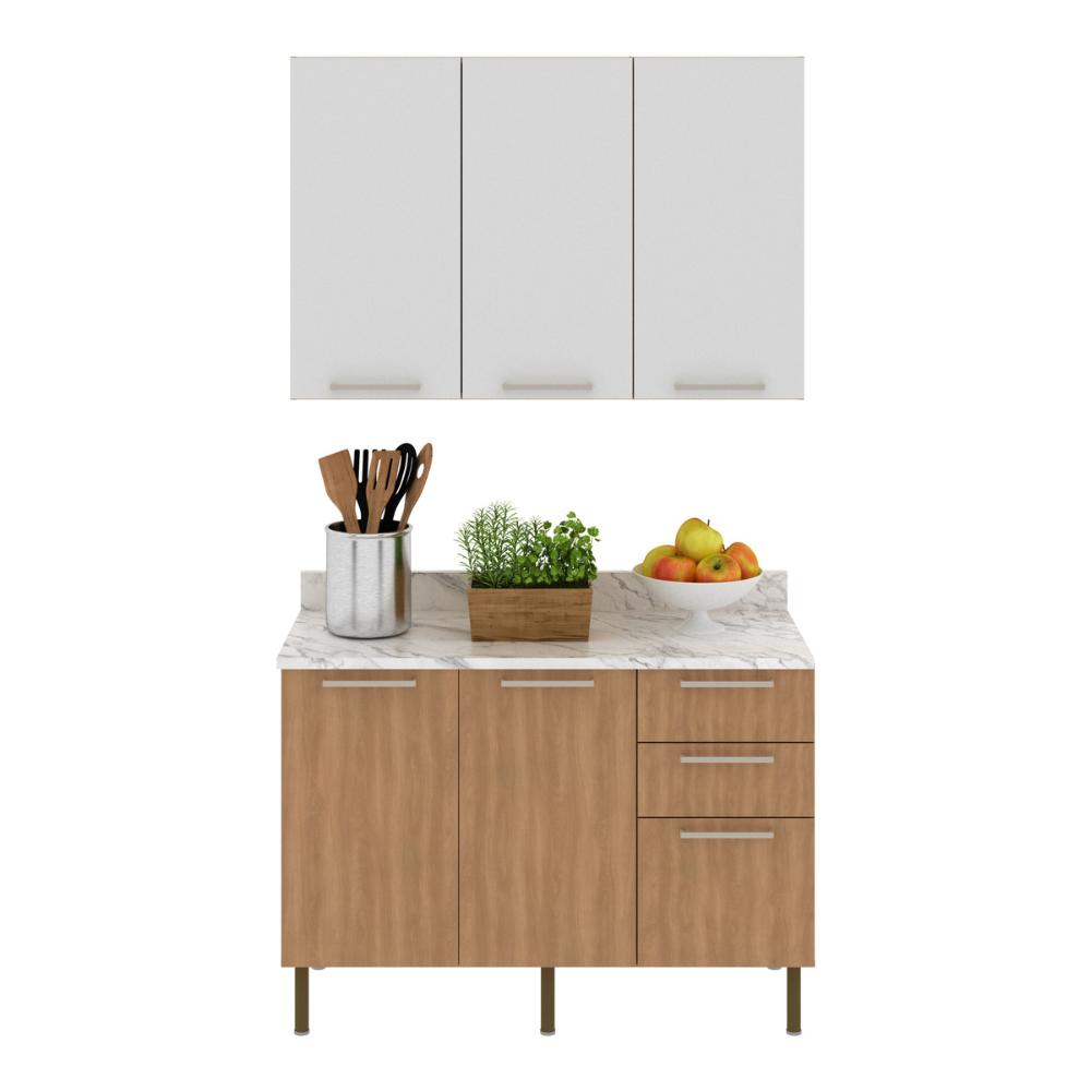Cozinha Compacta com Armário e Balcão com Tampo 120cm Multimóveis CR20447 Freijó/Branco/Mármore Branco