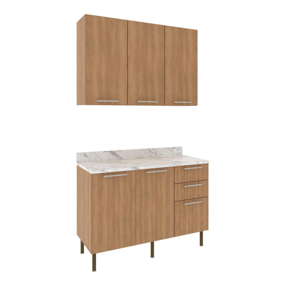 Cozinha Compacta com Armário e Balcão com Tampo 120cm Multimóveis CR20447 Freijó/Mármore Branco