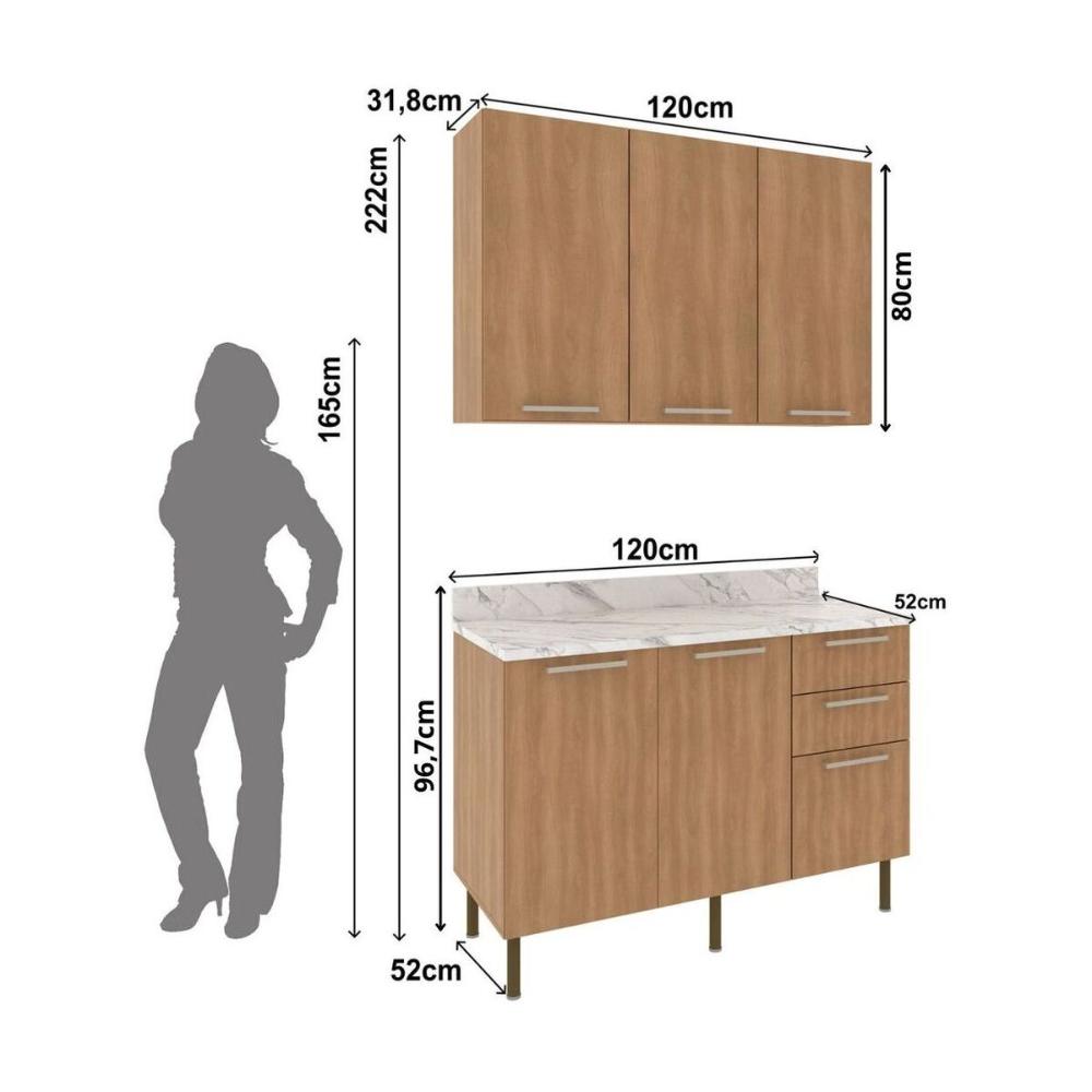 Cozinha Compacta com Armário e Balcão com Tampo 120cm Multimóveis CR20447 Freijó/Mármore Branco