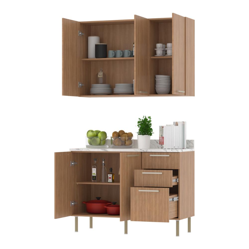 Cozinha Compacta com Armário e Balcão com Tampo 120cm Multimóveis CR20447 Freijó/Mármore Branco