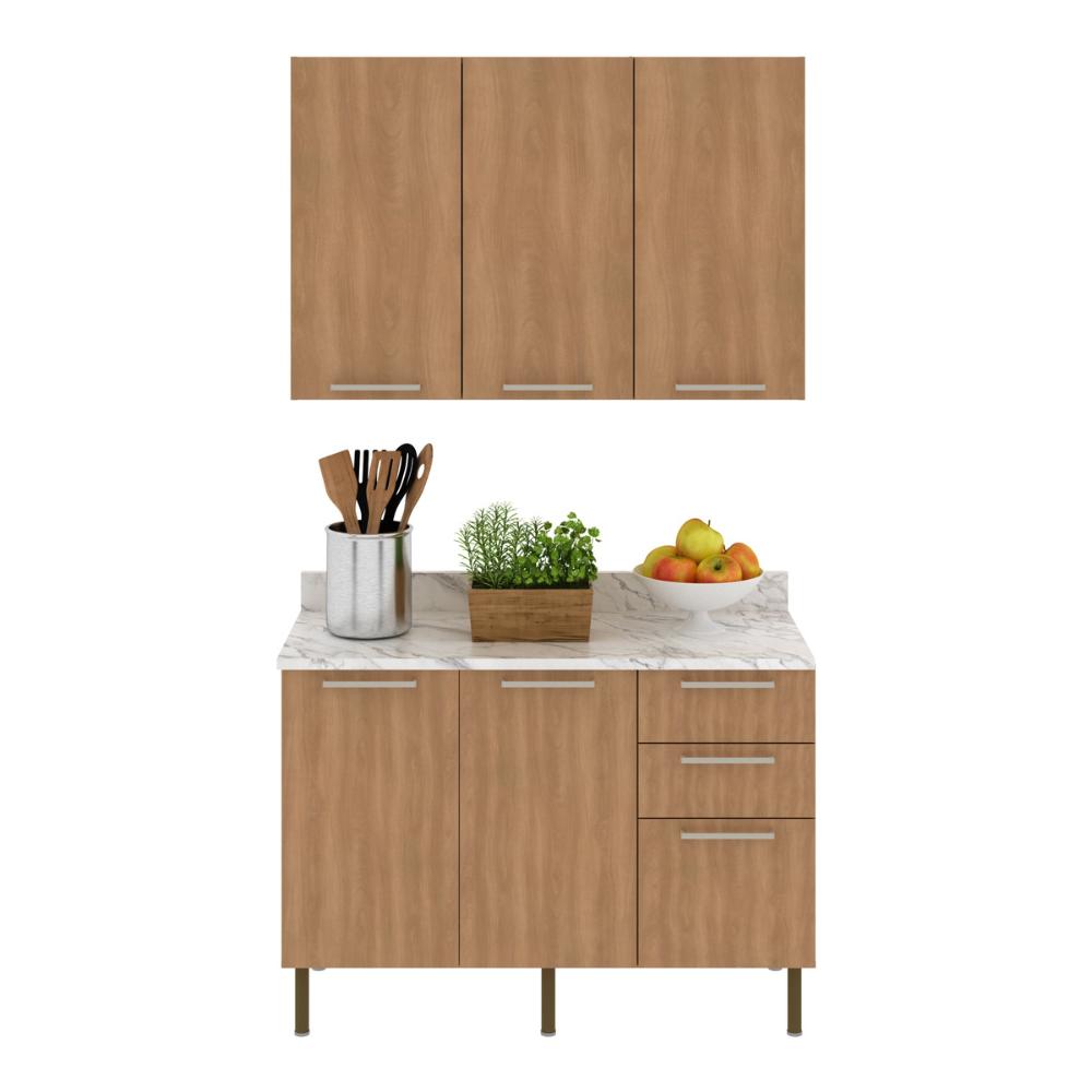 Cozinha Compacta com Armário e Balcão com Tampo 120cm Multimóveis CR20447 Freijó/Mármore Branco