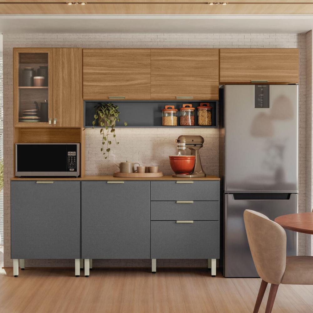 Cozinha Compacta com Balcão 250cm Multimóveis CR20467 Amêndola/Grafito Prime TX