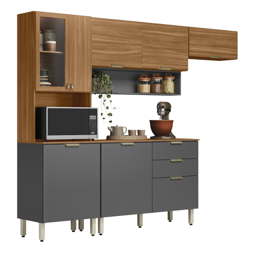 Cozinha Compacta com Balcão 250cm Multimóveis CR20467 Amêndola/Grafito Prime TX