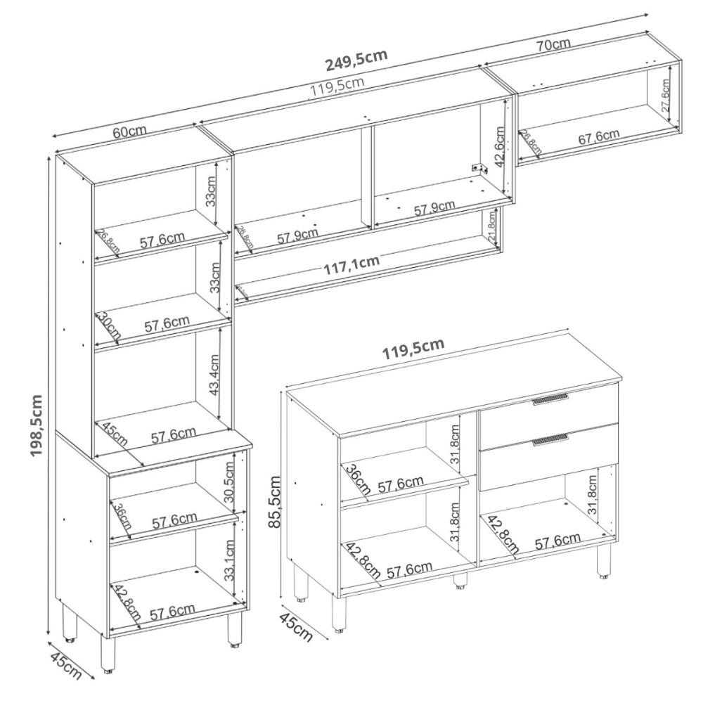 Cozinha Compacta com Balcão 250cm Multimóveis CR20467 Amêndola/Grafito Prime TX