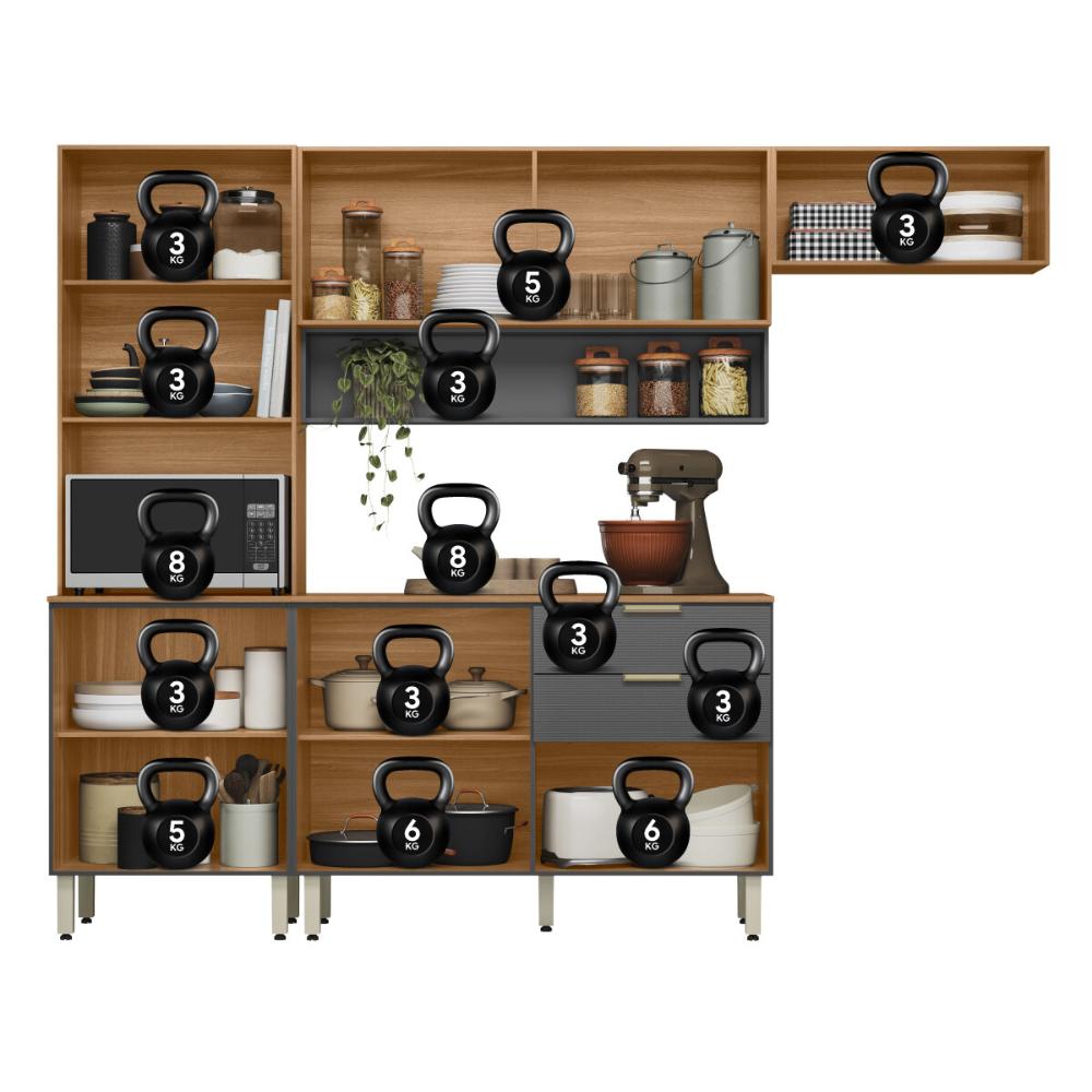 Cozinha Compacta com Balcão 250cm Multimóveis CR20467 Amêndola/Grafito Prime TX