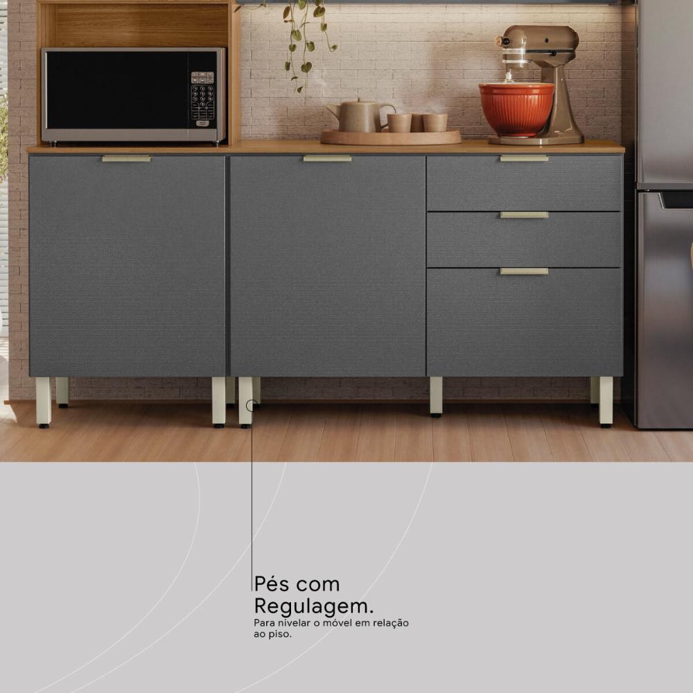 Cozinha Compacta com Balcão 250cm Multimóveis CR20467 Amêndola/Grafito Prime TX