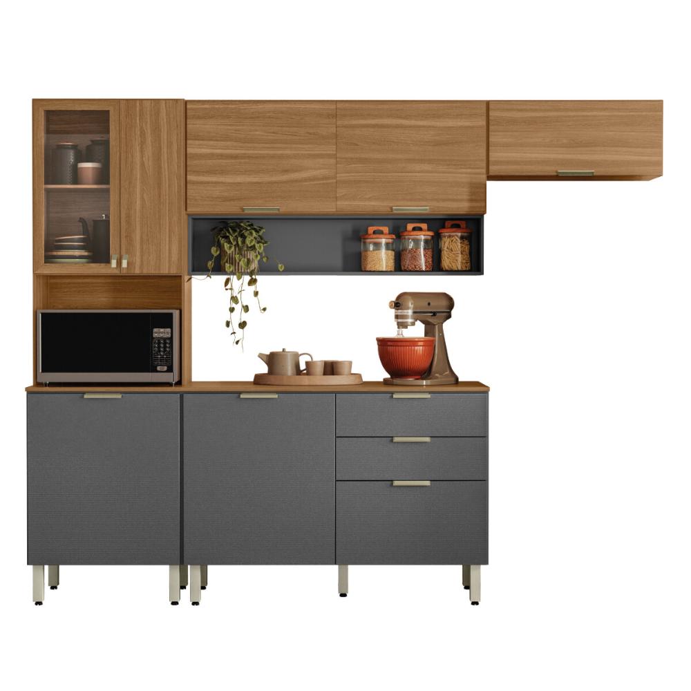 Cozinha Compacta com Balcão 250cm Multimóveis CR20467 Amêndola/Grafito Prime TX