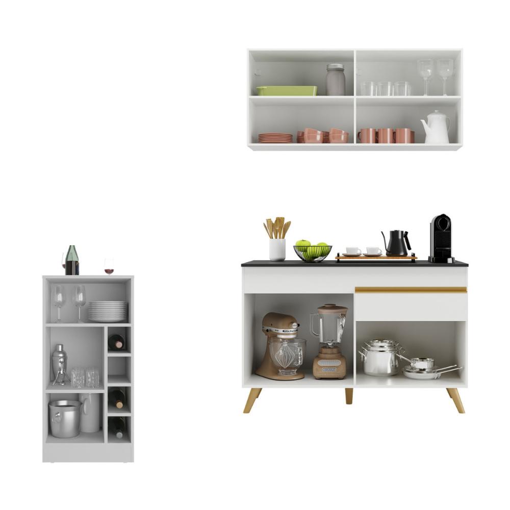 Cozinha Compacta com Bancada Americana 1 Porta Veneza Multimóveis MP2207 Branco/Dourado