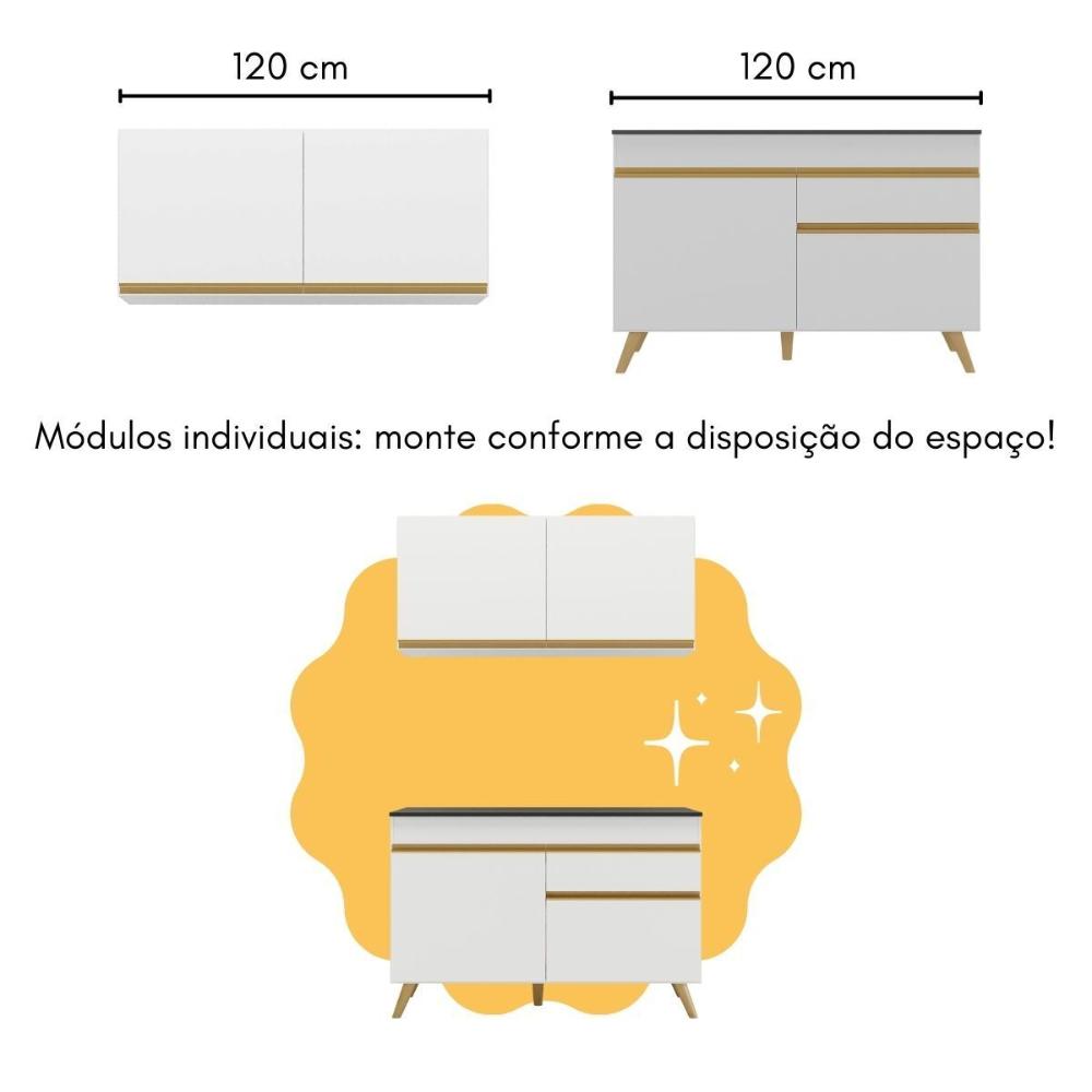 Cozinha Compacta com Bancada Americana 1 Porta Veneza Multimóveis MP2207 Branco/Dourado