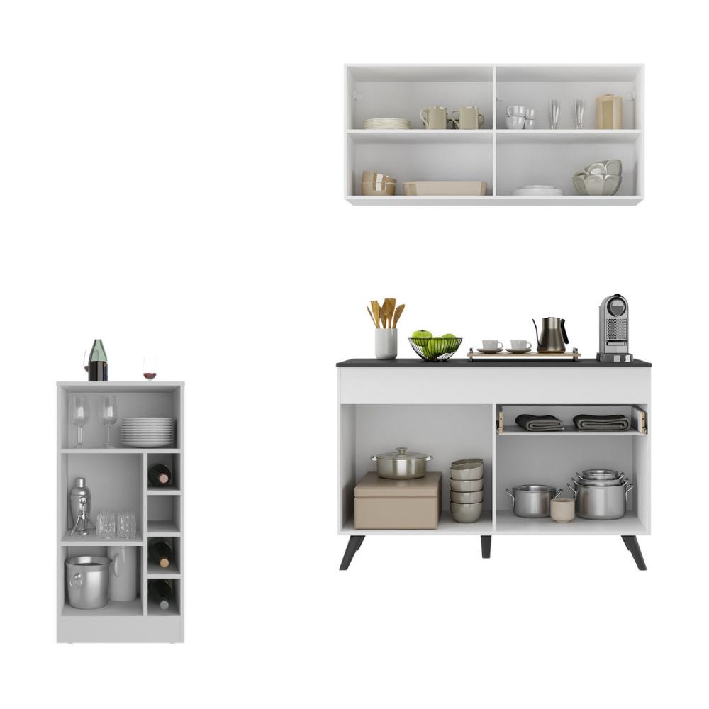Cozinha Compacta com Bancada Americana 1 Porta Veneza Multimóveis MP2207 Branco/Preto