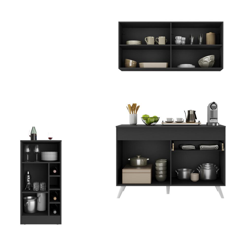 Cozinha Compacta com Bancada Americana 1 Porta Veneza Multimóveis MP2207 Preto/Branco