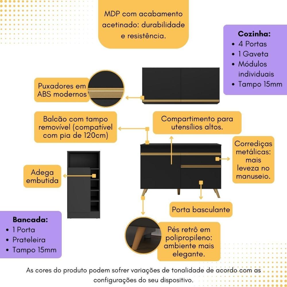 Cozinha Compacta com Bancada Americana 1 Porta Veneza Multimóveis MP2207 Preto/Dourado