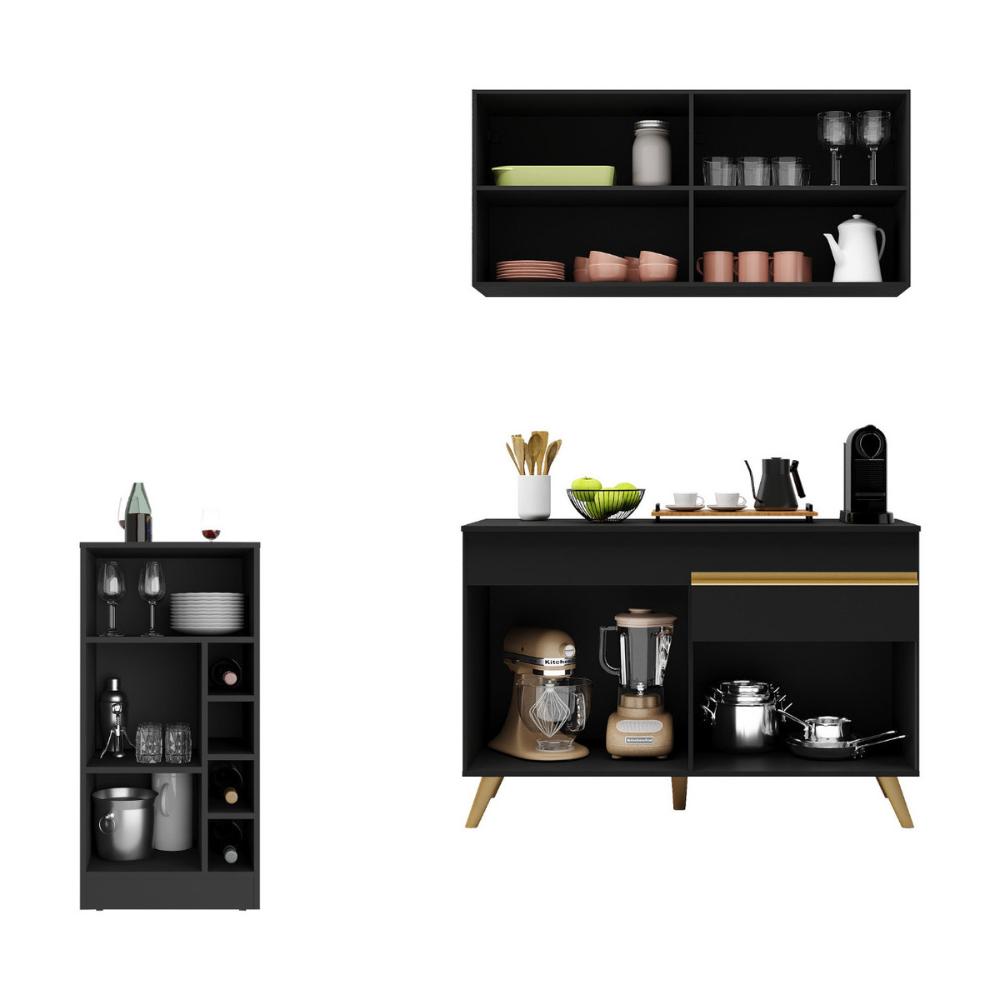 Cozinha Compacta com Bancada Americana 1 Porta Veneza Multimóveis MP2207 Preto/Dourado
