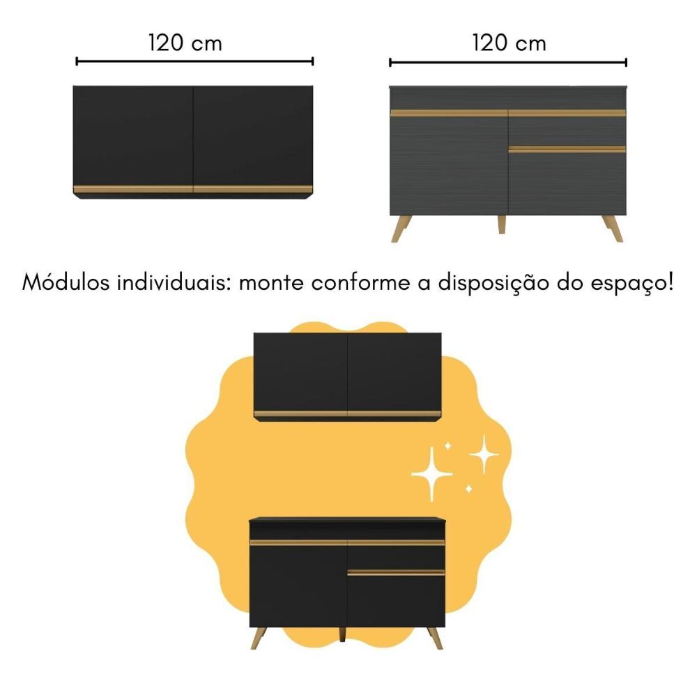 Cozinha Compacta com Bancada Americana 1 Porta Veneza Multimóveis MP2207 Preto/Dourado