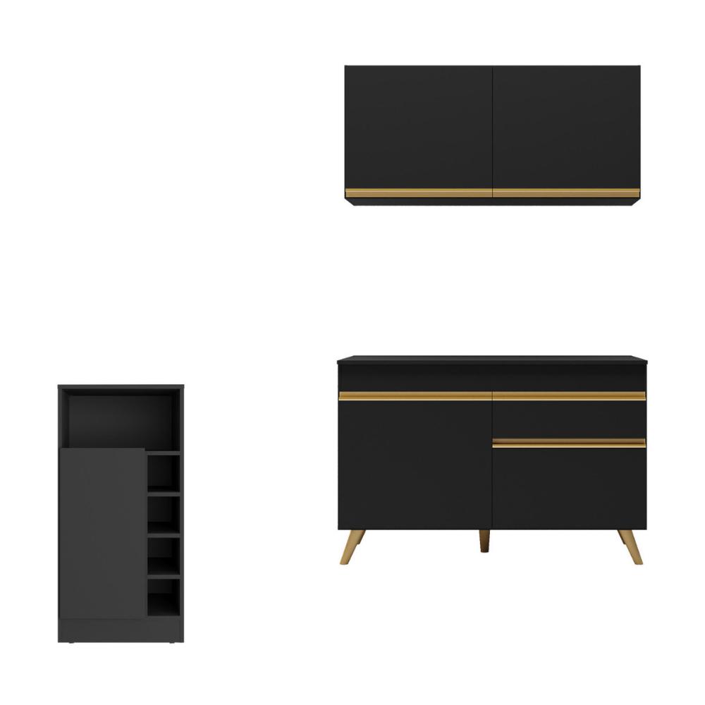 Cozinha Compacta com Bancada Americana 1 Porta Veneza Multimóveis MP2207 Preto/Dourado