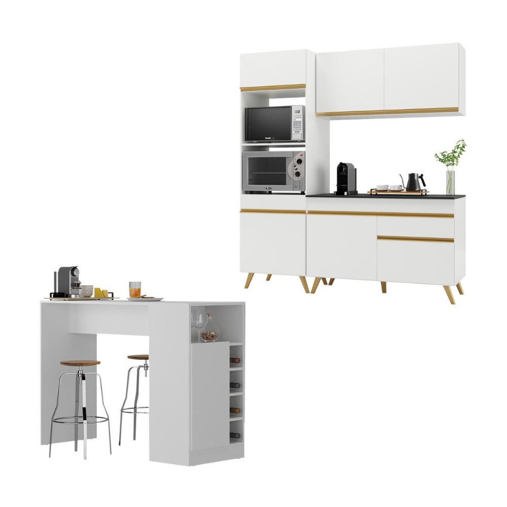 Cozinha Compacta com Bancada Americana/Mesa Veneza Multimóveis MP2211 Branco/Dourado
