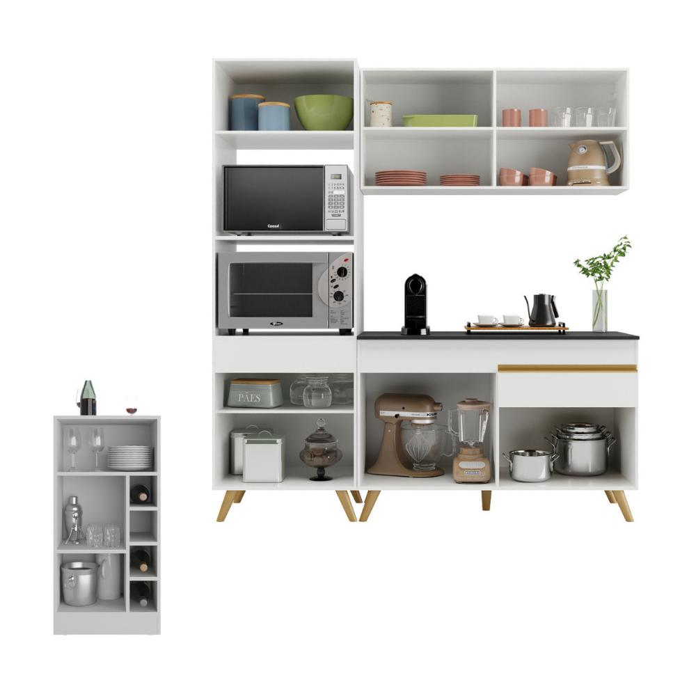 Cozinha Compacta com Bancada Americana/Mesa Veneza Multimóveis MP2211 Branco/Dourado