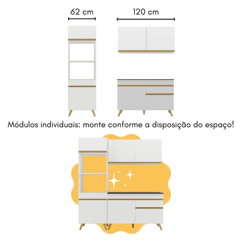 Cozinha Compacta com Bancada Americana/Mesa Veneza Multimóveis MP2211 Branco/Dourado
