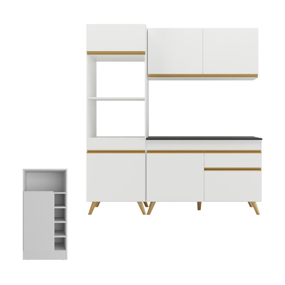Cozinha Compacta com Bancada Americana/Mesa Veneza Multimóveis MP2211 Branco/Dourado