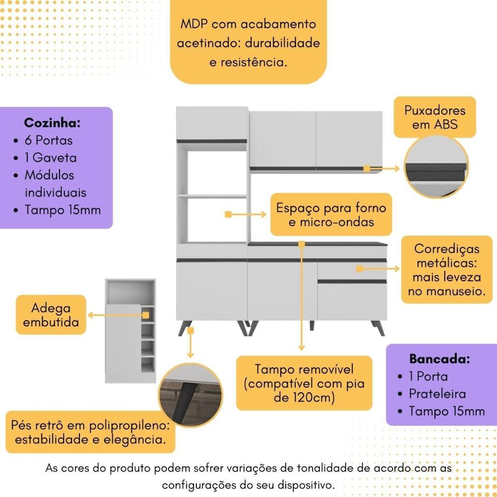 Cozinha Compacta com Bancada Americana/Mesa Veneza Multimóveis MP2211 Branco/Preto