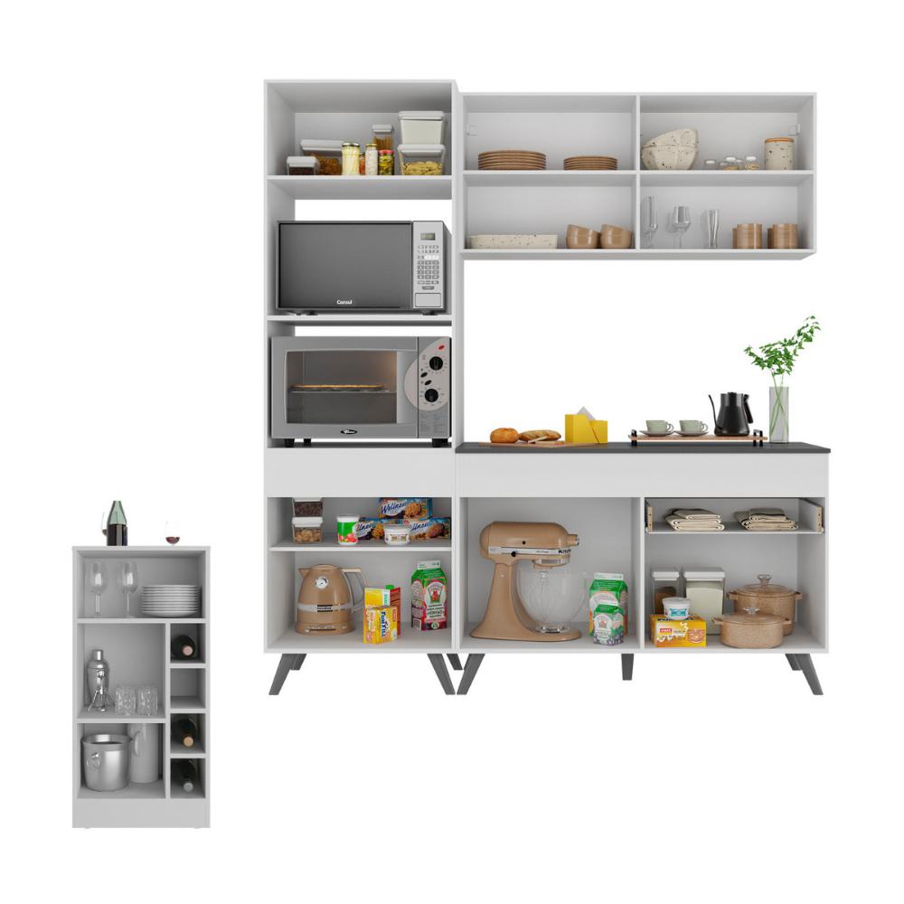 Cozinha Compacta com Bancada Americana/Mesa Veneza Multimóveis MP2211 Branco/Preto