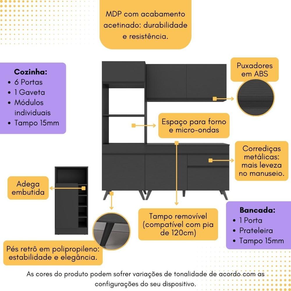 Cozinha Compacta com Bancada Americana/Mesa Veneza Multimóveis MP2211 Preto