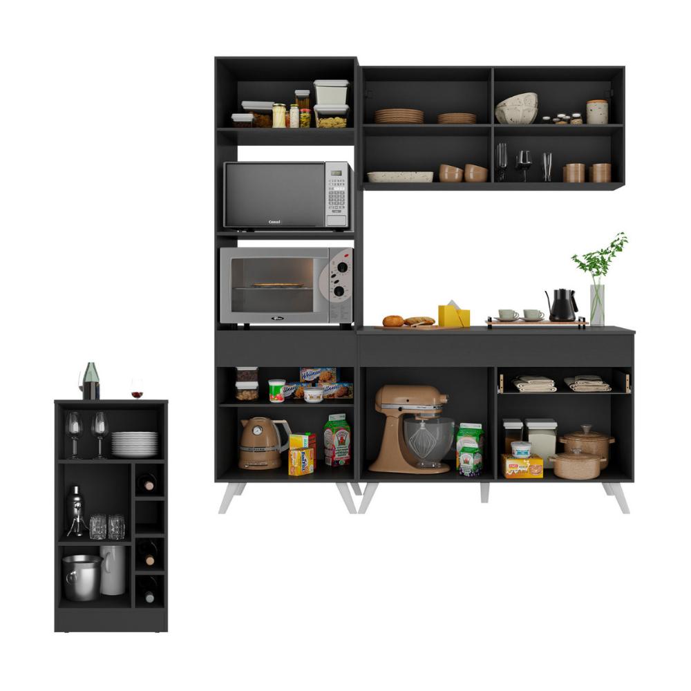 Cozinha Compacta com Bancada Americana/Mesa Veneza Multimóveis MP2211 Preto/Branco