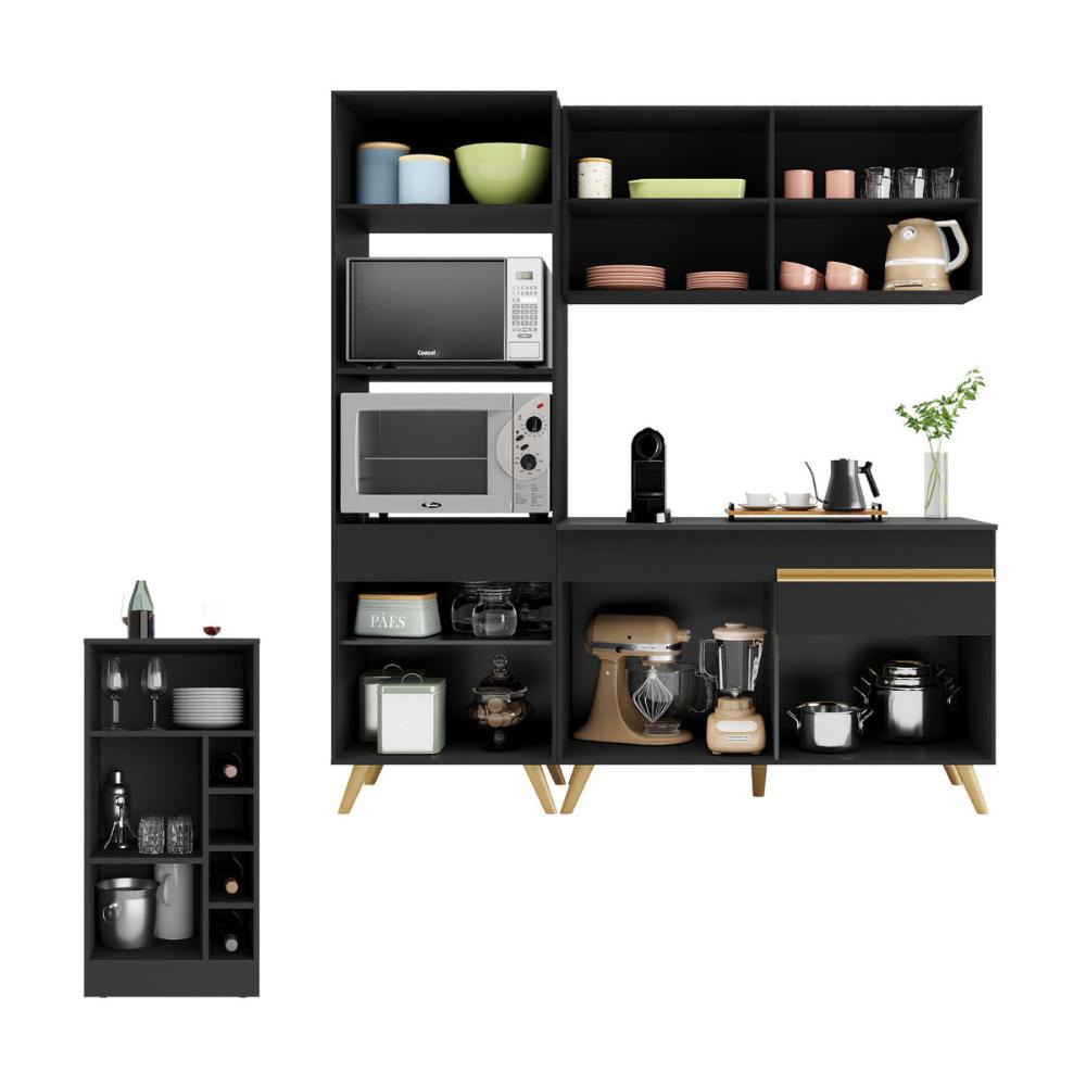 Cozinha Compacta com Bancada Americana/Mesa Veneza Multimóveis MP2211 Preto/Dourado