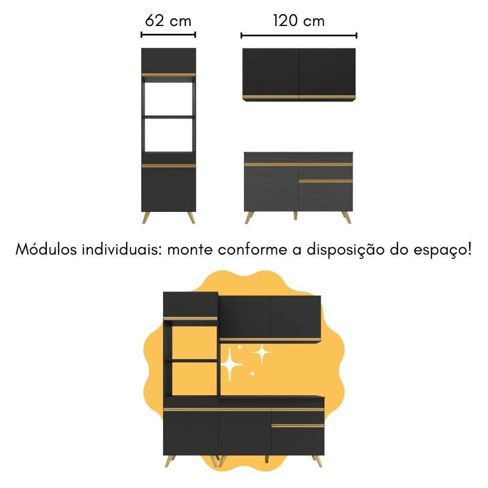 Cozinha Compacta com Bancada Americana/Mesa Veneza Multimóveis MP2211 Preto/Dourado
