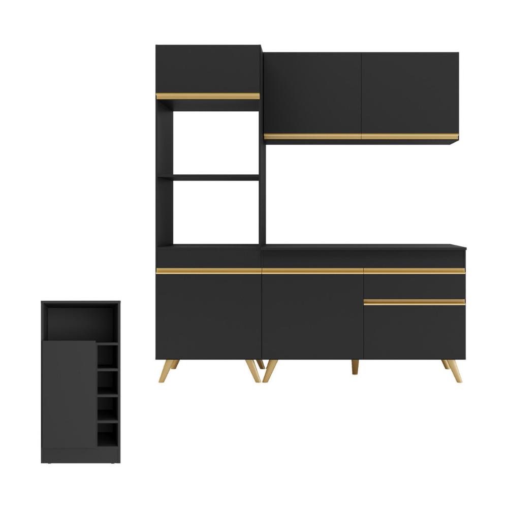 Cozinha Compacta com Bancada Americana/Mesa Veneza Multimóveis MP2211 Preto/Dourado