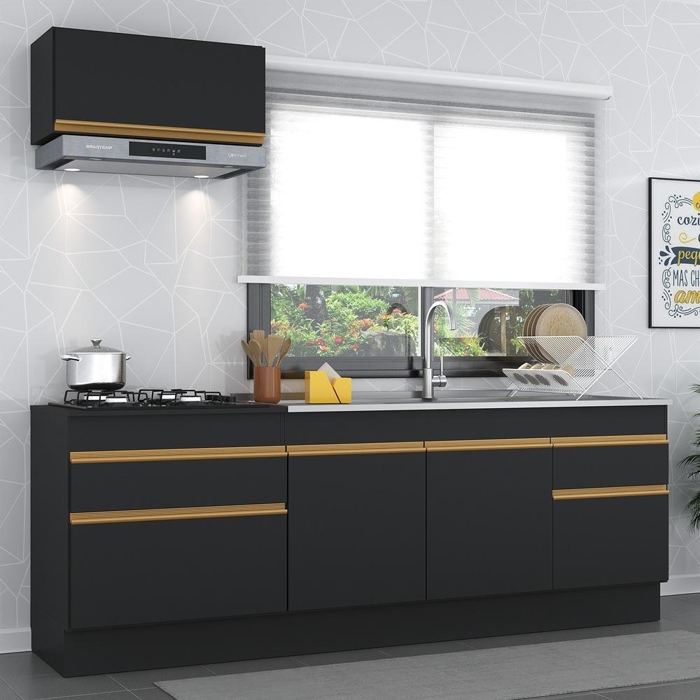 Cozinha Compacta com Rodapé Veneza Multimóveis MP2109 com Armário e Balcão Preta