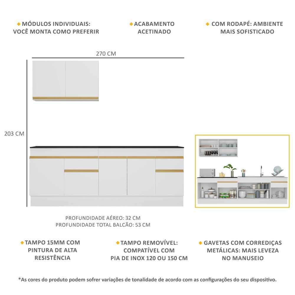Cozinha Compacta com Rodapé Veneza Multimóveis MP2111 com Armário e Balcão Branca