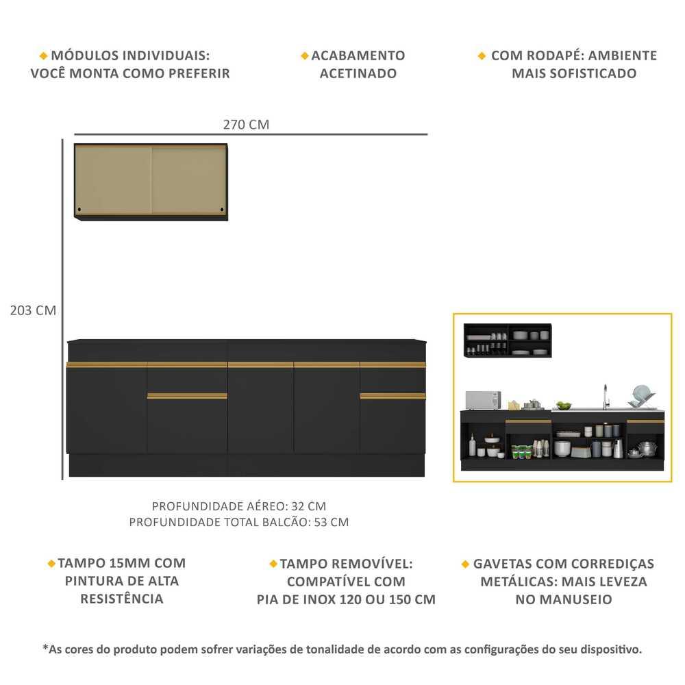 Cozinha Compacta com Rodapé Veneza Multimóveis MP2112 com Armário e Balcão Preta