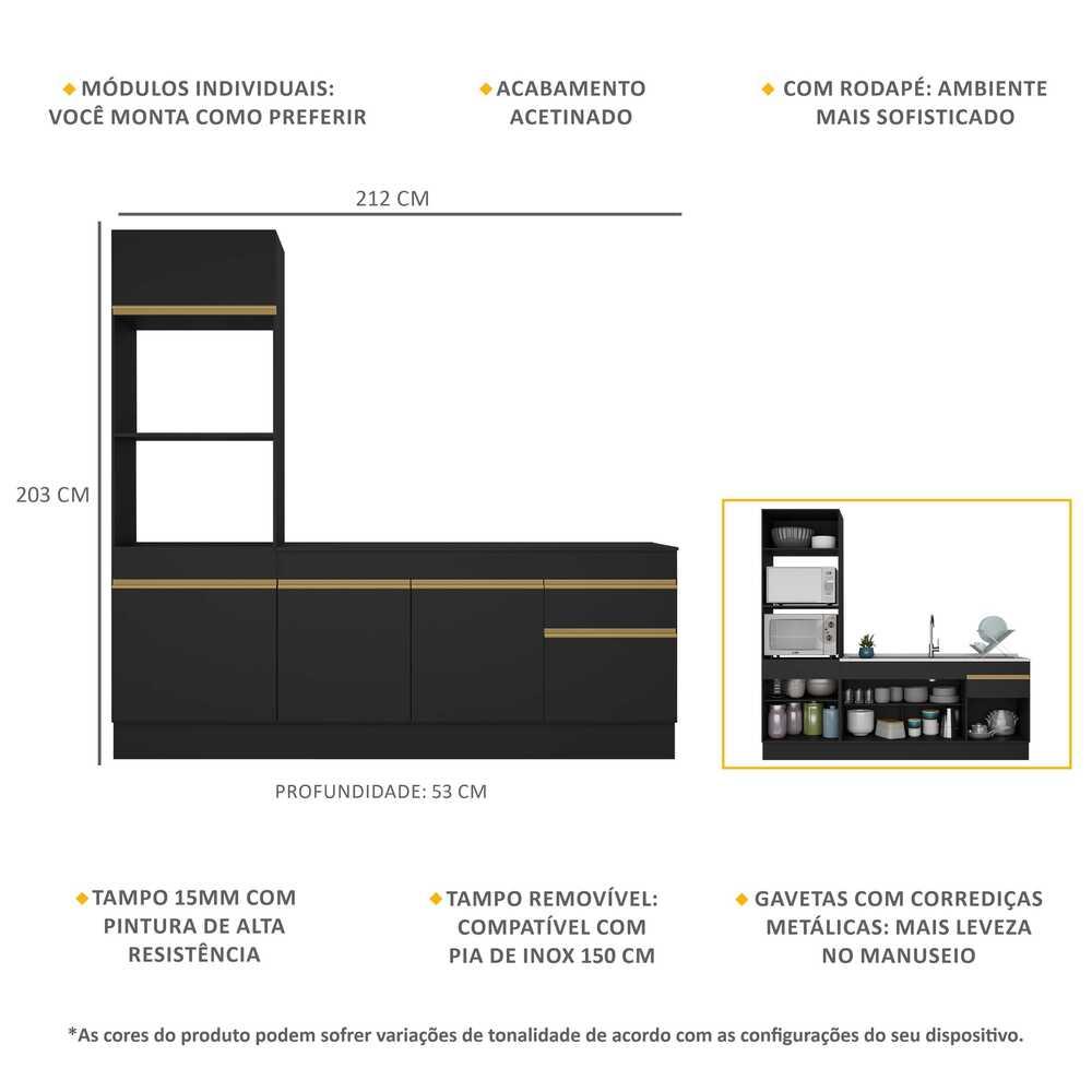 Cozinha Compacta com Rodapé Veneza Multimóveis MP2113 com Armário e Balcão Preta