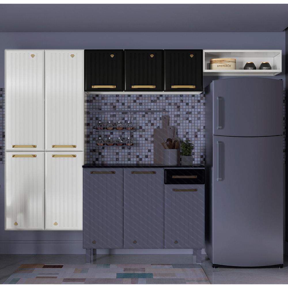 Cozinha Compacta de Aço 3 Peças com Aéreo Nicho e Paneleiro Multimóveis CR20365 Branco/Preto