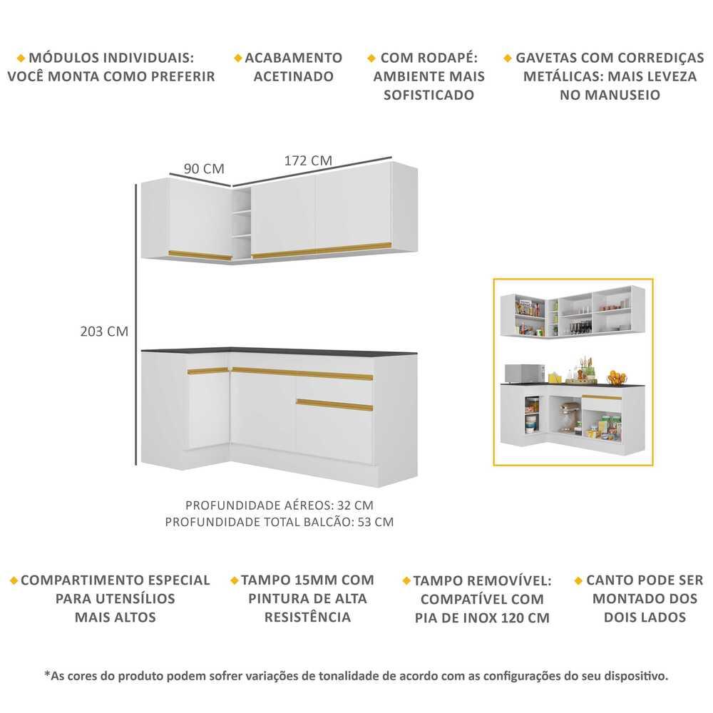 Cozinha Compacta de Canto com Rodapé Veneza Multimóveis MP2092 com Armário e Balcão Branca