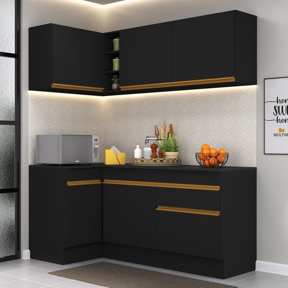 Cozinha Compacta de Canto com Rodapé Veneza Multimóveis MP2092 com Armário e Balcão Preta