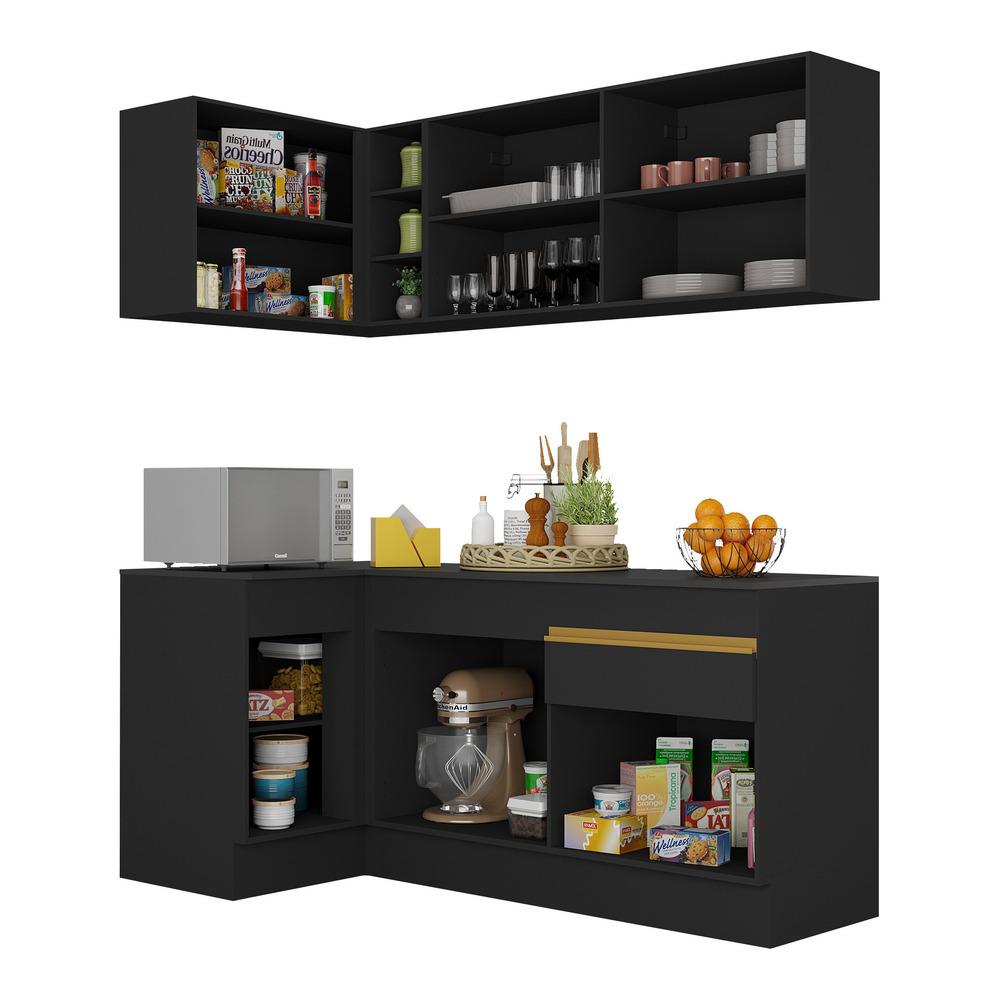Cozinha Compacta de Canto com Rodapé Veneza Multimóveis MP2092 com Armário e Balcão Preta