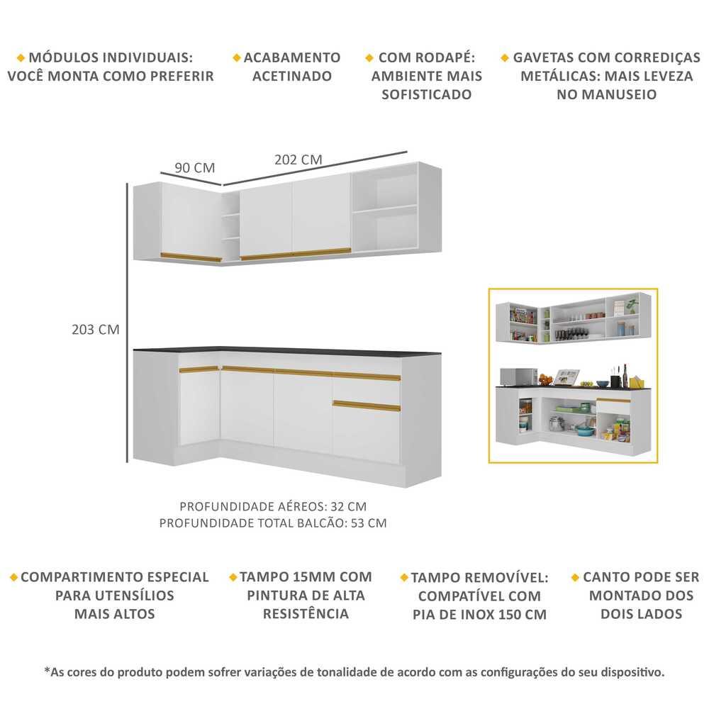Cozinha Compacta de Canto com Rodapé Veneza Multimóveis MP2093 com Armário e Balcão Branca