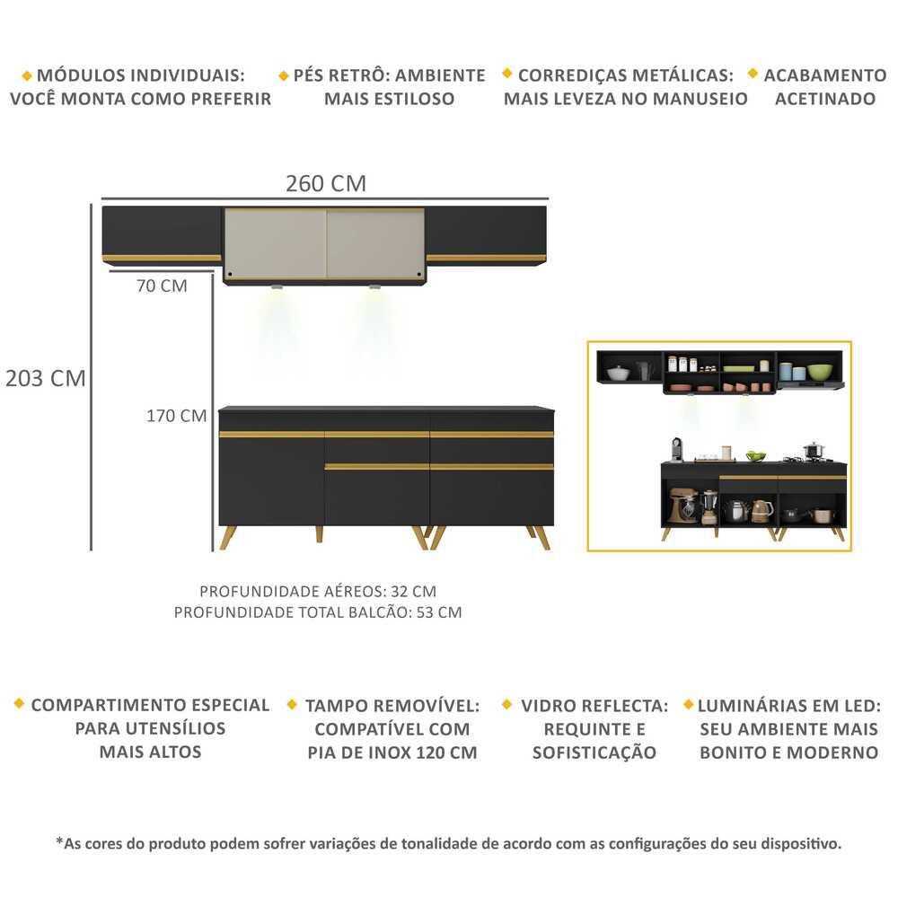 Cozinha Completa 5 peças com Leds MP2033 Veneza Up Multimóveis Preta
