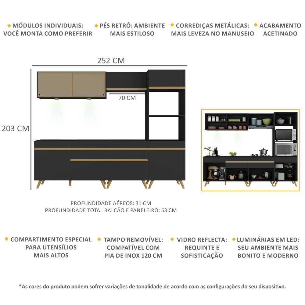 Cozinha Completa 5 peças com Leds MP2037 Veneza Up Multimóveis Preta