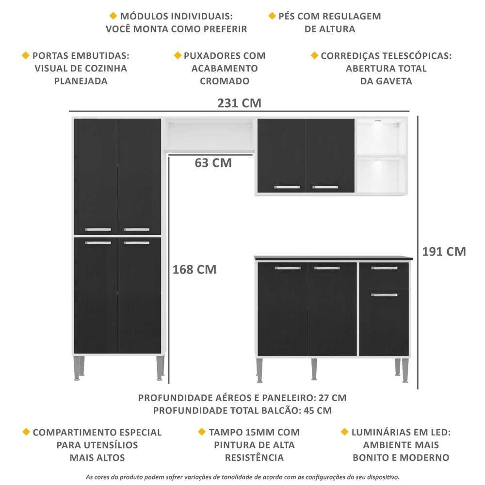 Cozinha Completa Compacta c/ 2 Leds, Armário e Balcão c/ Tampo 4 pçs Xangai Multimóveis Branca/Preta