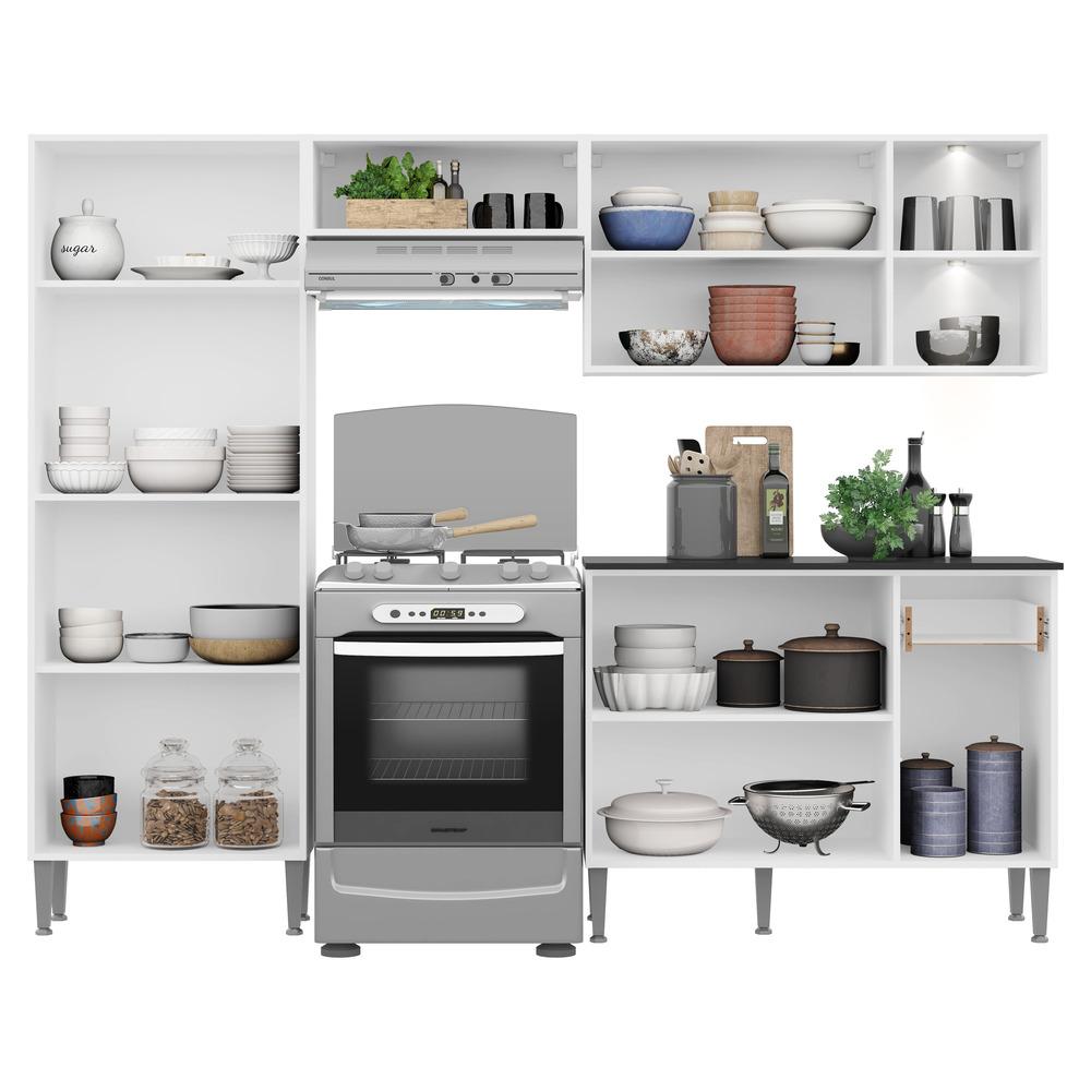 Cozinha Completa Compacta c/ 2 Leds, Armário e Balcão c/ Tampo 4 pçs Xangai Multimóveis Branca/Preta