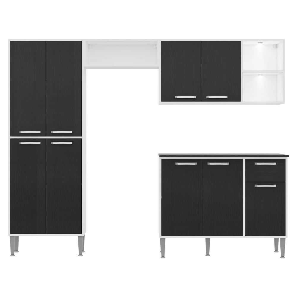 Cozinha Completa Compacta c/ 2 Leds, Armário e Balcão c/ Tampo 4 pçs Xangai Multimóveis Branca/Preta
