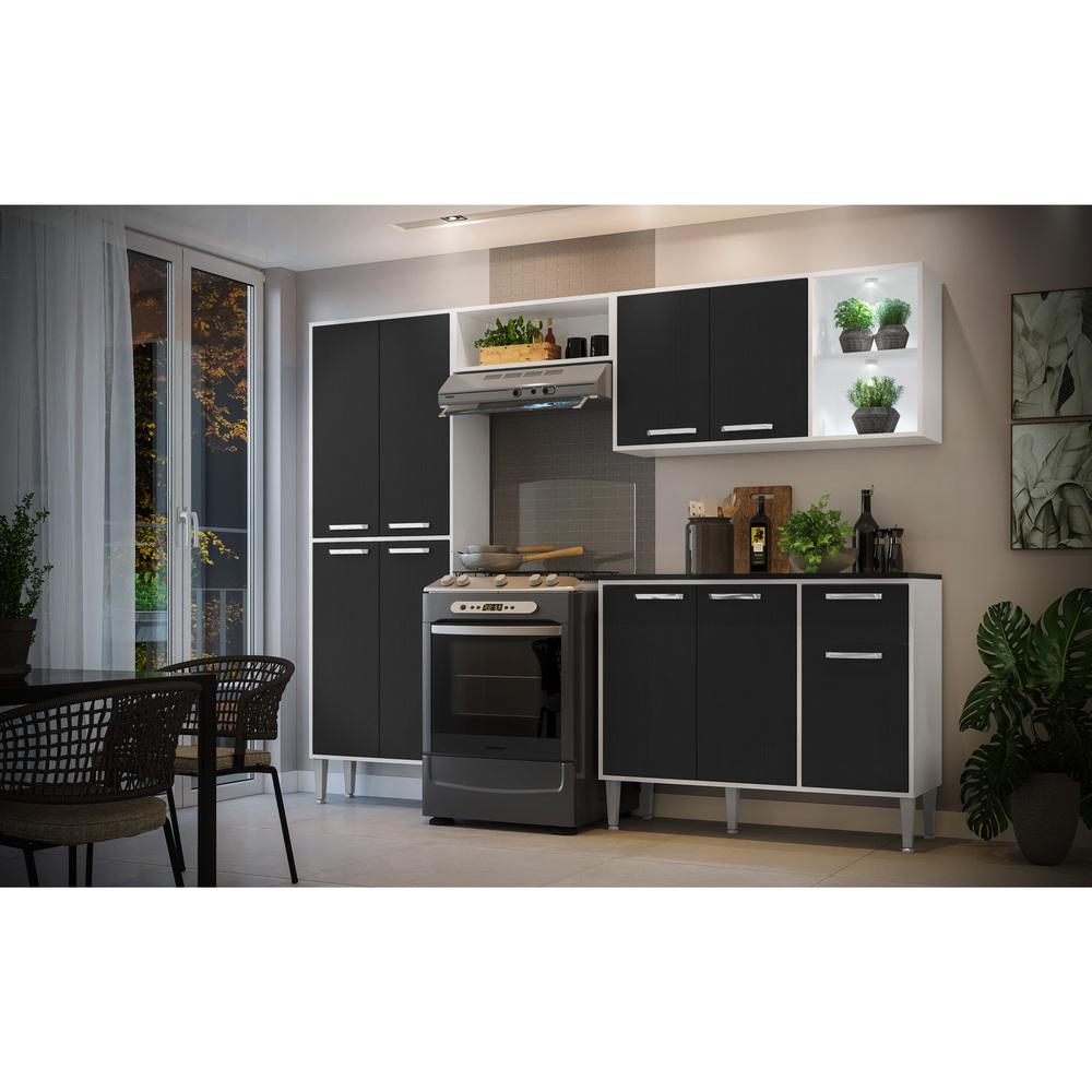 Cozinha Completa Compacta c/ 2 Leds, Armário e Balcão c/ Tampo 4 pçs Xangai Multimóveis Branca/Preta